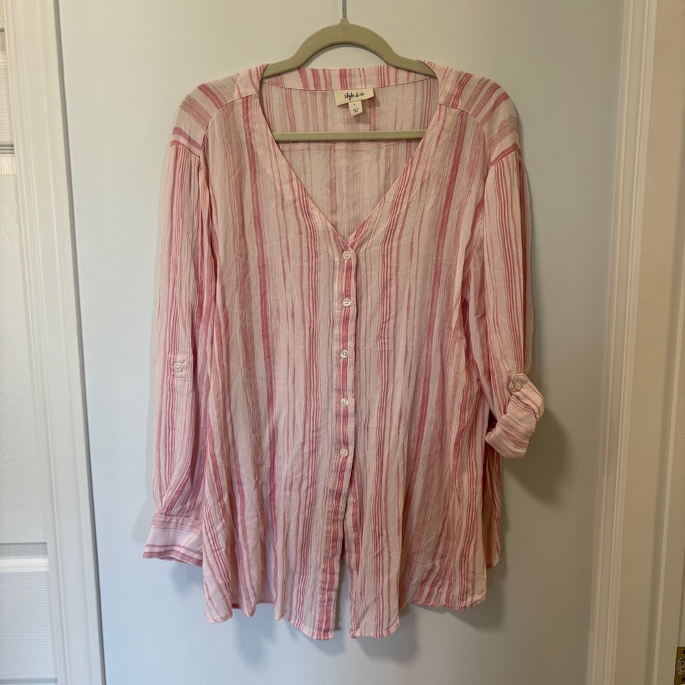 Style&Co button up top rayon pink white stripes size large